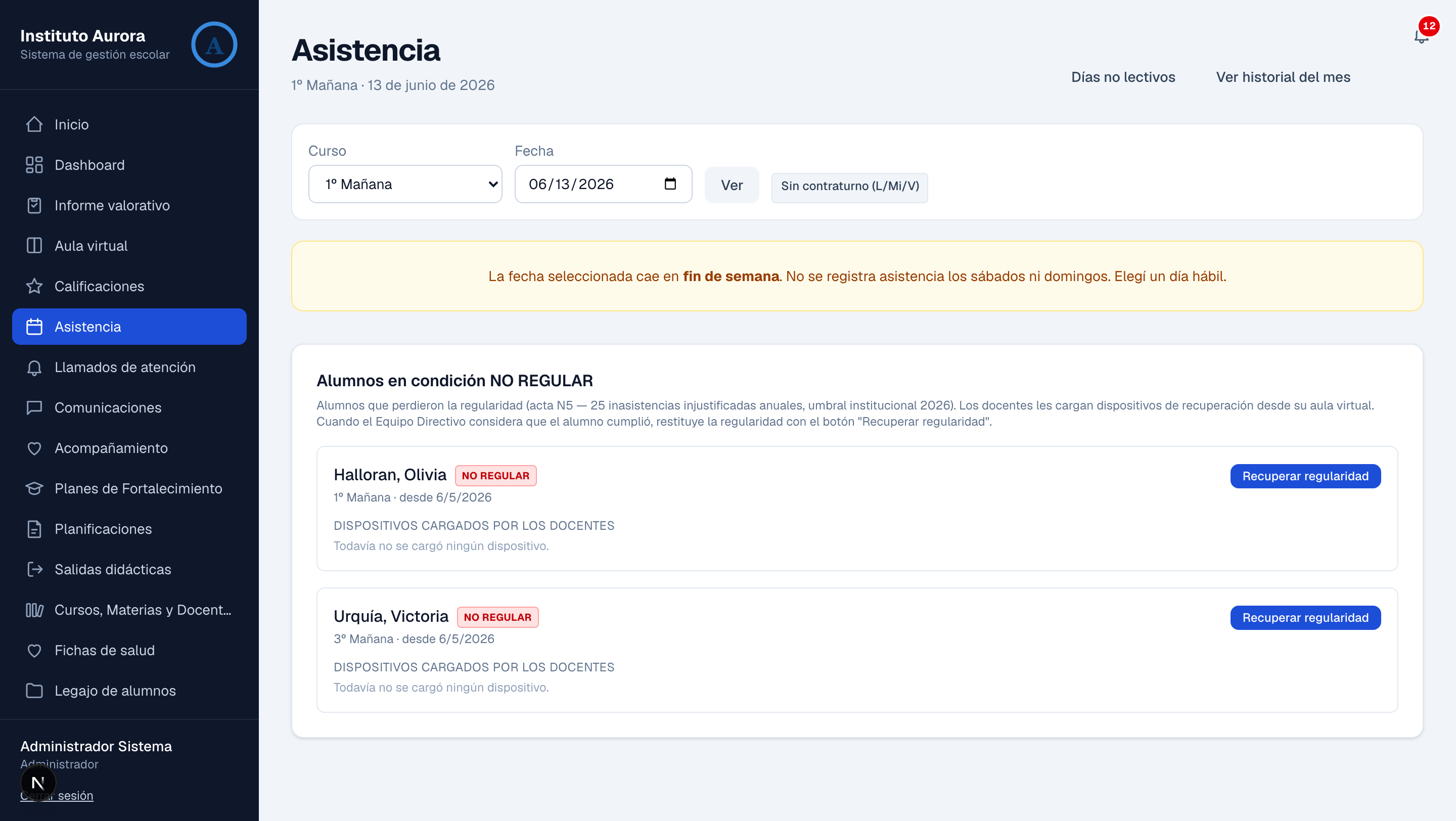 Pantalla de toma de asistencia diaria por curso