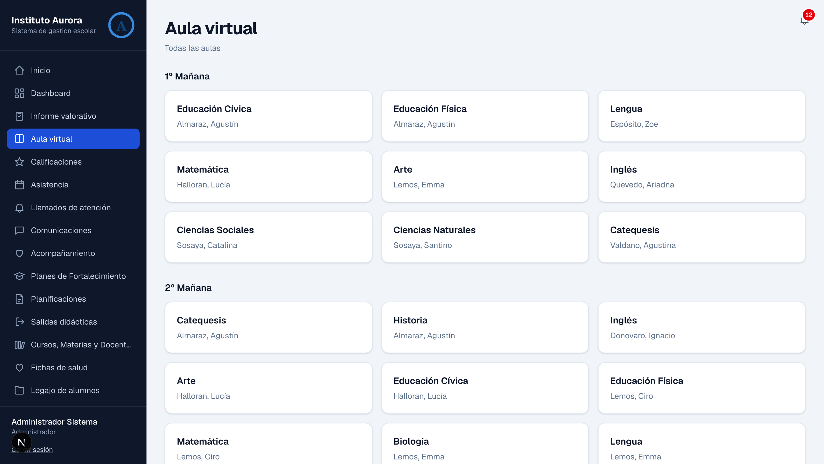 Aula virtual con las materias de cada curso y sus docentes