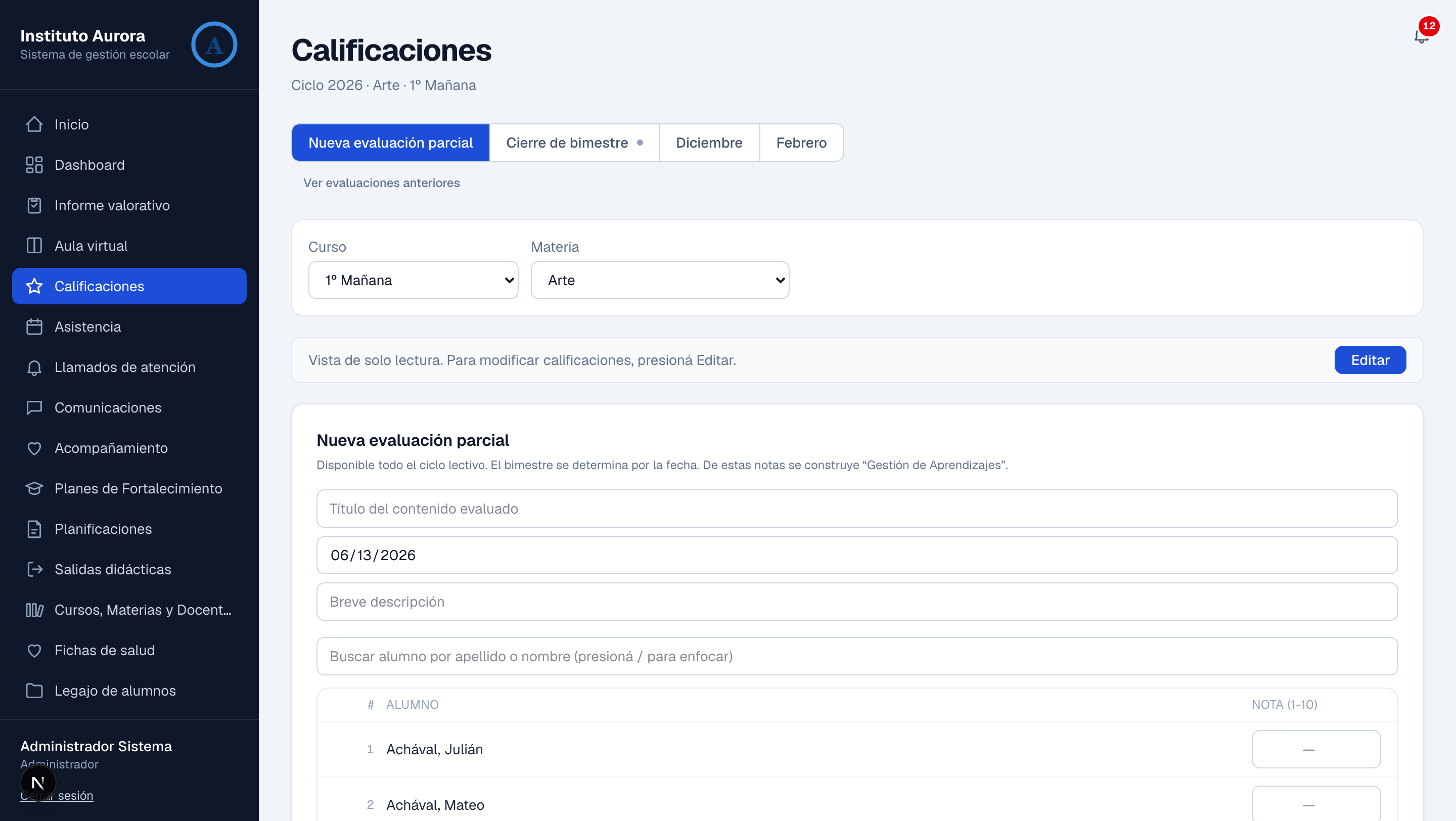 Carga de evaluaciones parciales por curso y materia